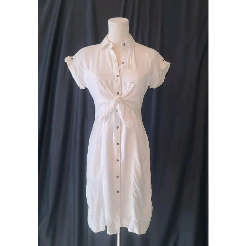 Anthropologie Maeve Womens Elspeth White Linen Blend Tie Front Shirt Dress US 0P